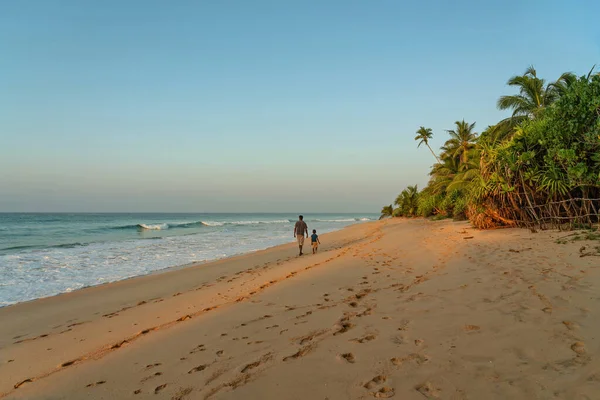 Sri Lanka Okyanusu Tropikal Palmiye Plajı Yürüyen Adam Çocukla — Stok fotoğraf