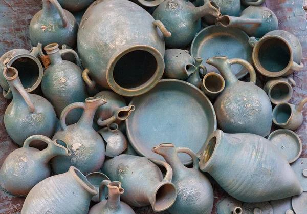 Georgia Many Blue Clay Ceramic Pots Kindzmarauli Vineryard — Stock Photo, Image