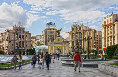 Kyiv, Ukraine - May 13, 2022: Tourists on Kyiv center city street.