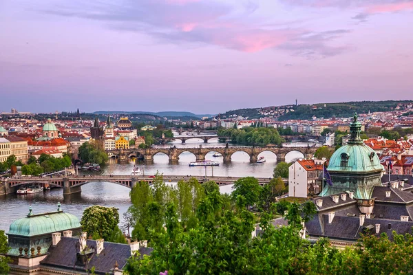 Puentes Praga Panorama Atardecer Ciudad República Checa — Foto de Stock