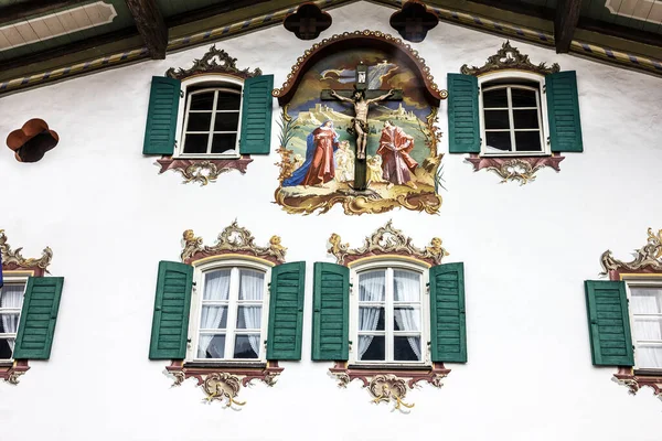 Germany Bavaria May 2022 Painting House Wall Crucifixion Village Oberammergau — Zdjęcie stockowe