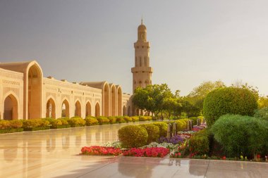 Muscat, Oman - Jan 2, 2020: Muscat Sultan Qaboos Grand Mosque architecture. 