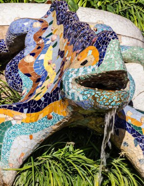 Barcelona, Spain - May 20, 2022: Lizard mosaic sculpture in Park Guell