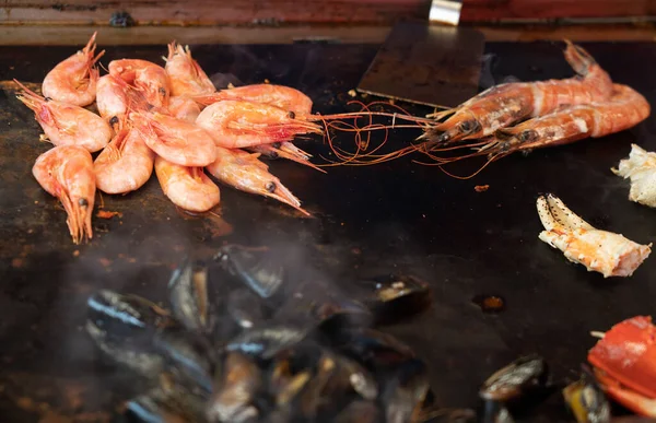 Shrimps Sea Food Mussels Black Background — Foto Stock