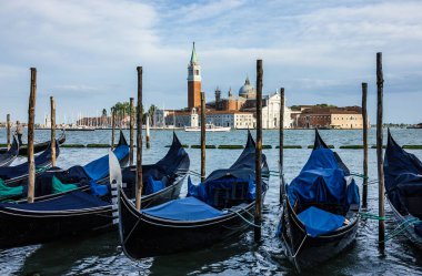 Gondolas Venice sea view, Italy. San Giorgio Maggiore island seascape.