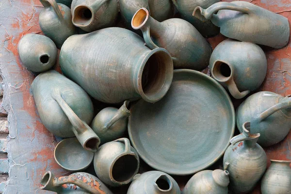 Ceramic Blue Clay Pots Vintage Decorative Background Georgia Kindzmarauli Vineryard — Stock Photo, Image