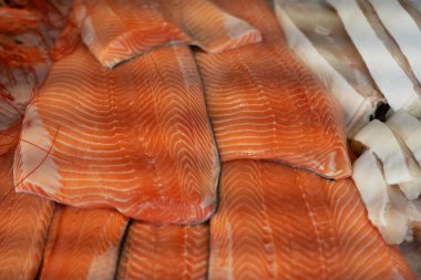 Somon balığı taze deniz ürünü ve haşlanmış karides. 