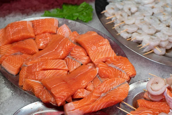 Lososí Filet Červené Ryby Plátky Moře Jídlo Pozadí — Stock fotografie