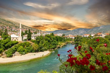 Bosnia and Herzegovina, Mostar town river sunset view