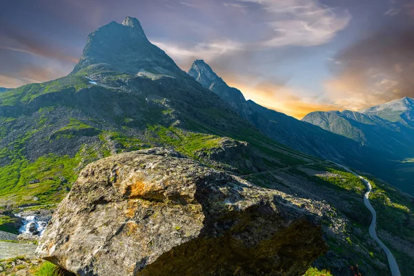 Mountain Landscape Sunset View Norway Trolls Path Trollstigen — Stock Photo, Image