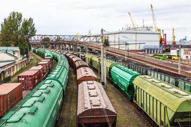 Odesa, Ukraine - April 6, 2022: Cargo rail cars on Odessa sea port. 