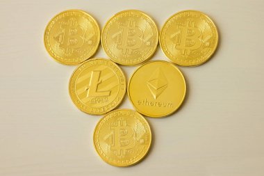 Bitcoins currency concept. Golden coins.