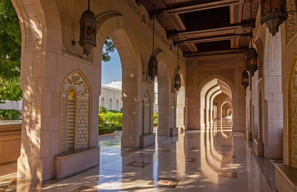 Muscat, Oman: Sultan Qaboos Grand Mosque building architecture. Internal yard arch gallery.