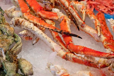 Taze deniz ürünleri, buzda yengeç bacağı.