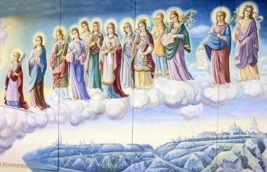 Kyiv, Ukrayna - 23 Temmuz 2022: Aziz bakireler. St. Michael Manastırı yakınlarında tarihi bir resim.