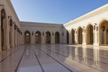 Muscat, Oman - Jan 2, 2022: Sultan Qaboos Grand Mosque interior architecture.