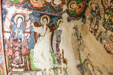 Cappadocia, Turkey - May 23, 2022: Early Christian fresco in cave orthodox church El Nazar, Goreme open museum, Anatolia