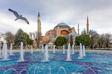 Istanbul, Turkey - July 30, 2022: Hagia Sophia Cathedral and flying balloon. Byzantine architecture famous landmark.