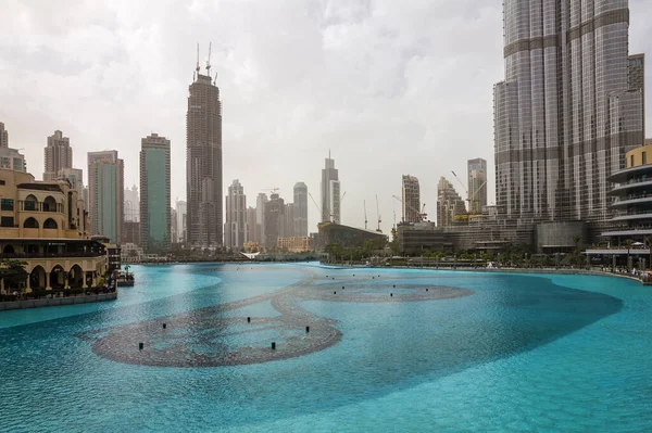 Dubai, UAE - Jan 30, 2022: Dubai lakes waterfront and Burj Khalifa.