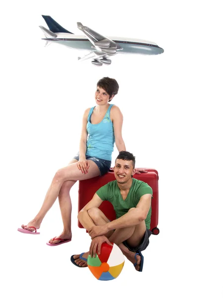 Young couple goes on vacation with aircraft — Stock Photo, Image