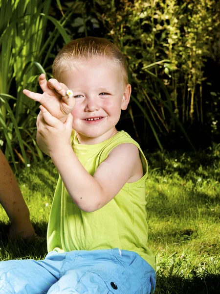 幼児は、デイジーと庭で草を笑っています。 — ストック写真