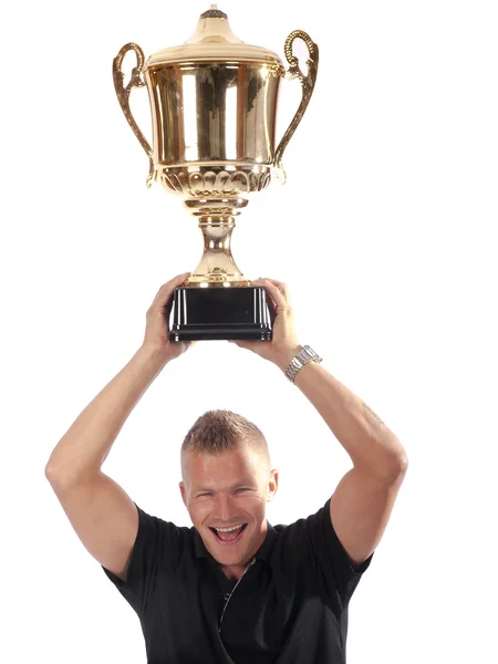 Man hold a trophy cup — Stock Photo, Image