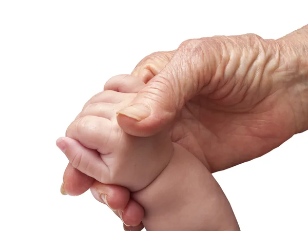 yaşlı kadın ve bebek beyaz bir arka plan üzerinde el