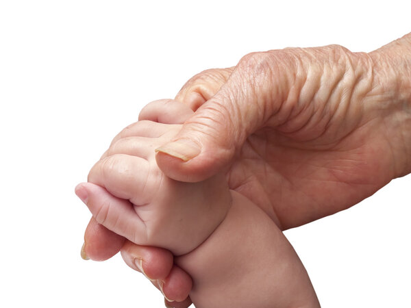 Старушка и детская рука на белом фоне
