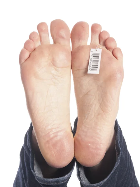 Tote Füße mit Strichcode in Leichenhalle — Stockfoto