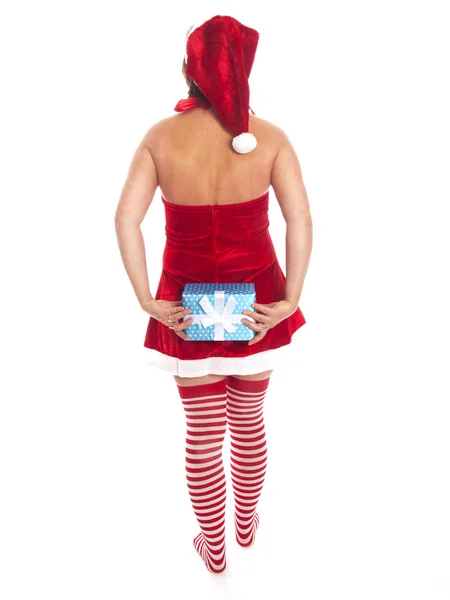Attractive woman with Santa Claus outfit and present — Stock Photo, Image