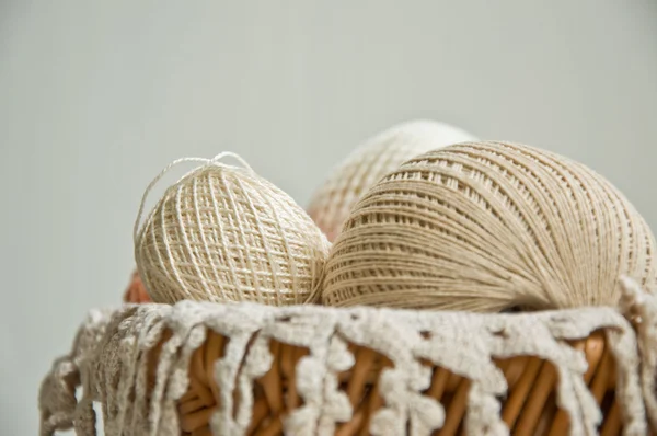 Cotton skeins in a basket — Stock Photo, Image