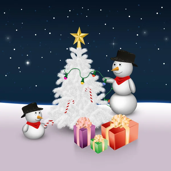 Bonitos bonecos de neve com árvore de Natal e presentes — Fotografia de Stock