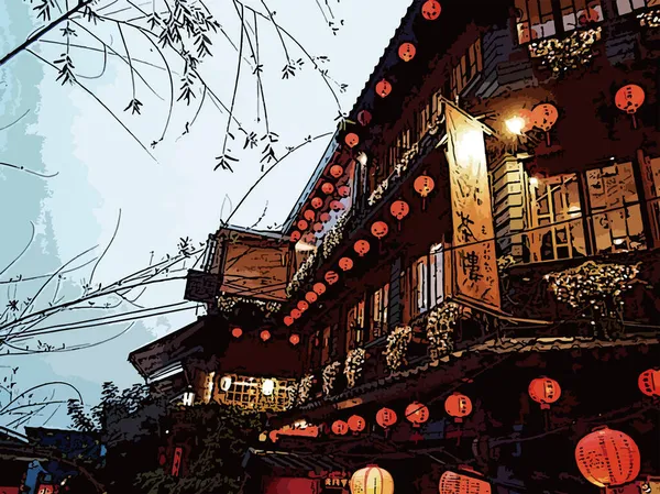 Εικονογράφηση Της Νυχτερινής Προβολής Της Παλιάς Οδού Jiufen Στην Ταϊβάν — Διανυσματικό Αρχείο