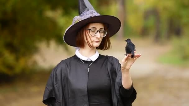 万圣节女巫一个戴着帽子 穿着巫婆服装 森林里有一只黑色乌鸦的女孩的画像 准备好了度假钱包或生活 — 图库视频影像