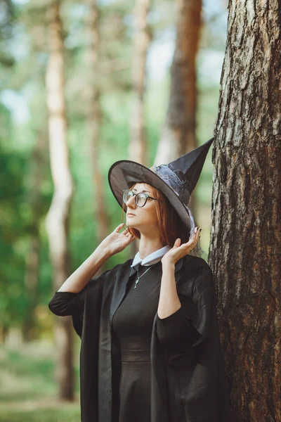 Halloween Witch Portrait Girl Hat Witch Costume Forest Ready Trick — Stock Photo, Image