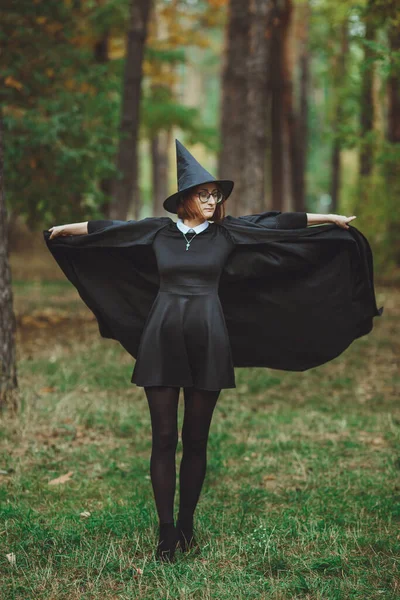 Halloween Witch Portrait Girl Hat Witch Costume Forest Ready Trick — Stock Photo, Image