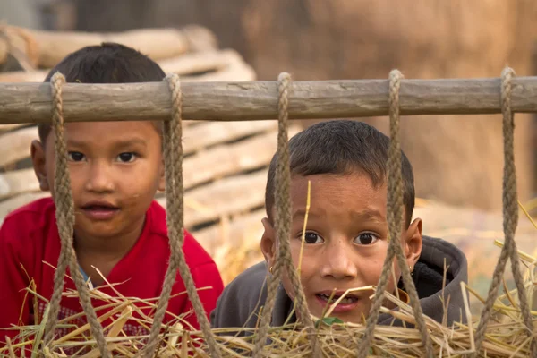 Dos chicos nepali jóvenes jugando en carro de heno en Nepal — Foto de Stock