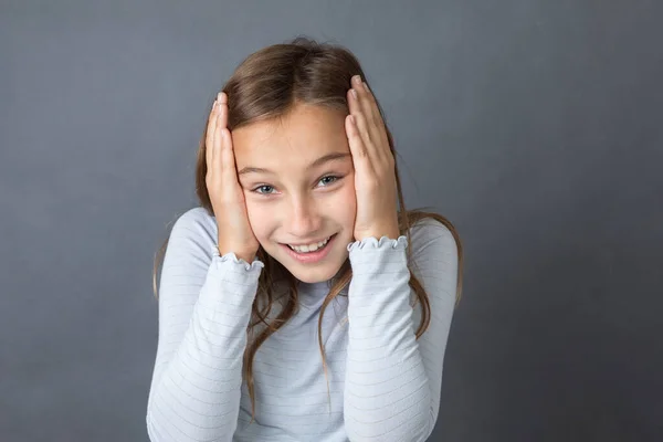 Portrait Young Happy Girl Grey Background Space — Stock Photo, Image
