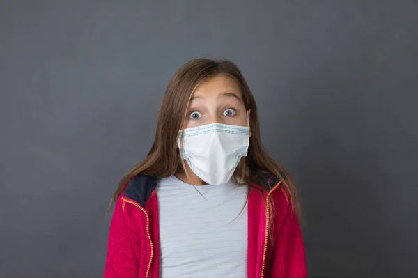 Portrait Young Girl Read Sweater Medical Mask — Stock Photo, Image