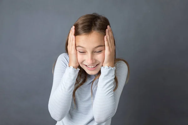 Portrait Young Happy Girl Grey Background Space — Stock Photo, Image