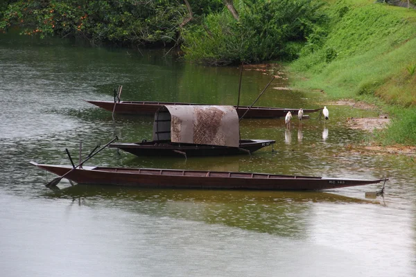 Plusieurs bateaux Sampan amarrés au bord de la rivière — Photo