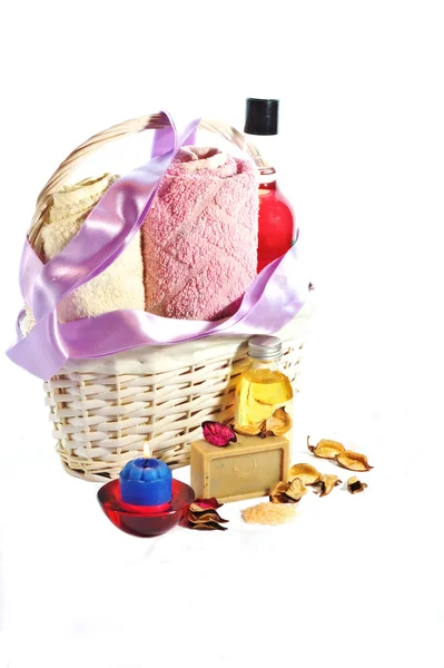 Basket with bath accessories isolated on white — Stock Photo, Image