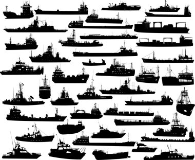 Set of 44 silhouettes of sea ships clipart