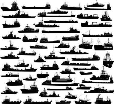 Set of 60 silhouettes of sea yachts, towboat and the ships clipart