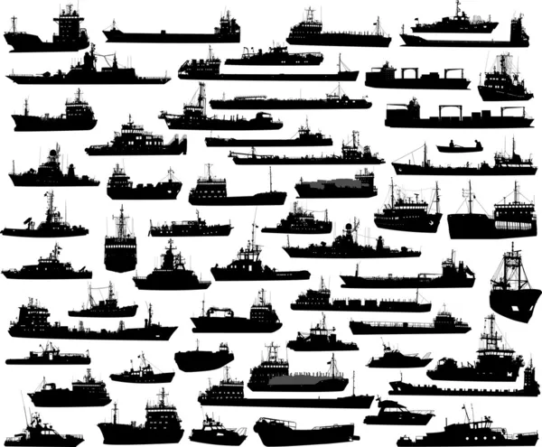 Vector set of 56 silhouettes of sea towboat and the ships — Stock Vector