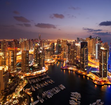 A view of Dubai Marina, at Dusk, also showing JBH clipart