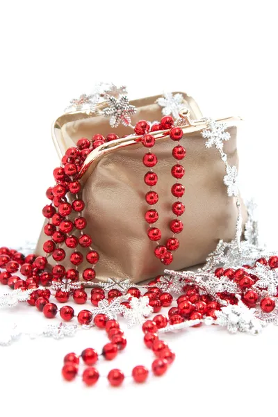 Bag with beads and snowflakes — Stock Photo, Image
