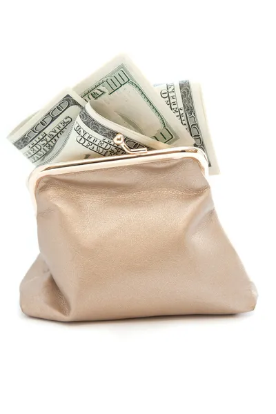 Purse and banknotes in hundred dollars — Stock Photo, Image