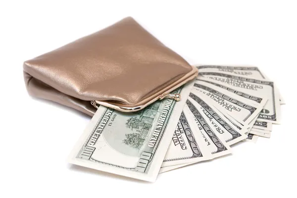 Purse and banknotes in hundred dollars — Stock Photo, Image