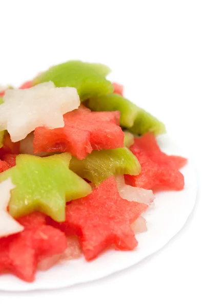 Salada de frutas com melão, melancia e kiwi em um fundo branco — Fotografia de Stock